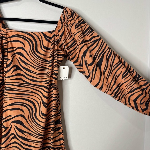 NWT Billabong Tiger Animal Print Square Neck Puff Long Sleeve Smocked Mink Dress - Picture 4 of 9